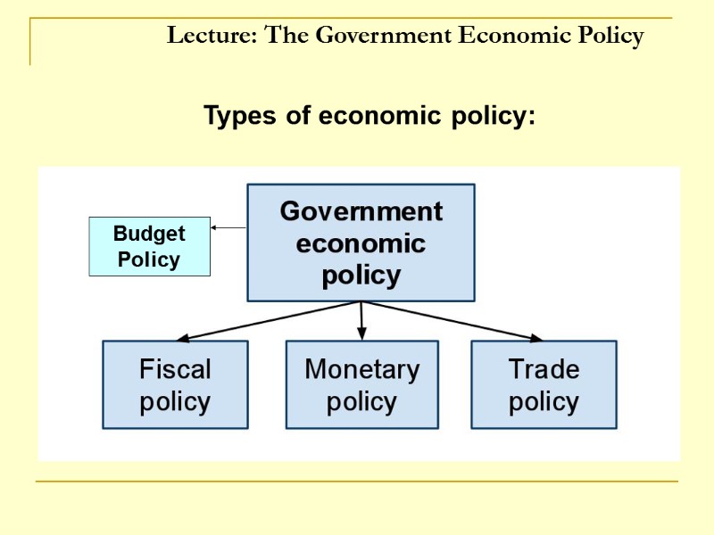 Lecture: The Government Economic Policy  Types of economic policy:    Budget